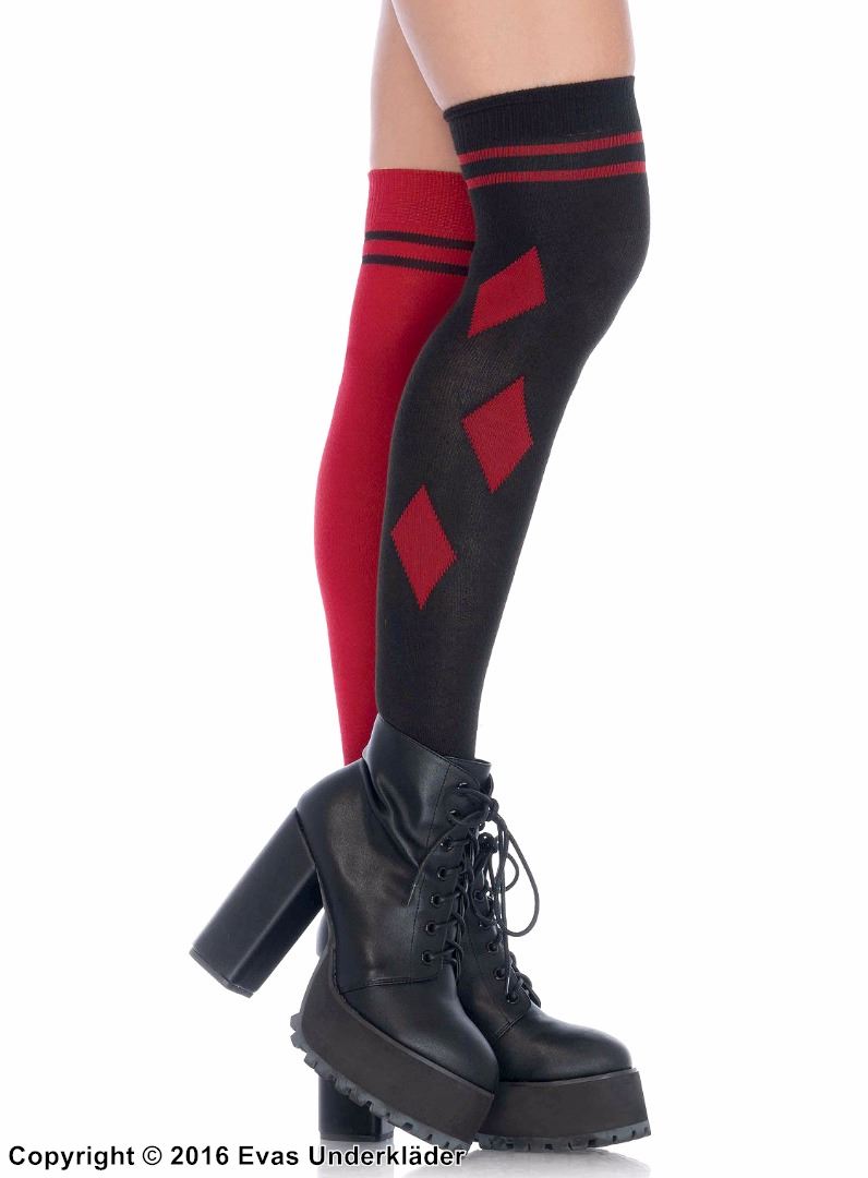 Over-knee socks, harlequin with stripes and diamonds